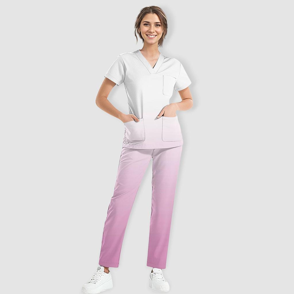 Women's Short Sleeve V Neck Gradation Chest Pocket Work Top Elastic Waist Pants Two Piece Work Set,3 Pockets,Scrubs Tops For Women