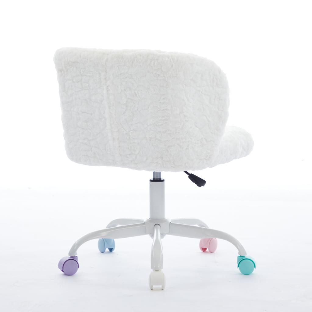 Girls Faux Rabbit Fur Desk Chair, Cute Fluffy Adjustable Swivel Vanity Chair with Silent Colorful Wheels, Cream,Beige