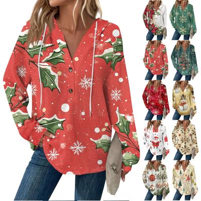 Женская модная повседневная толстовка с длинным рукавом, завязками на пуговицы, V-образным вырезом, капюшоном и рождественским принтом