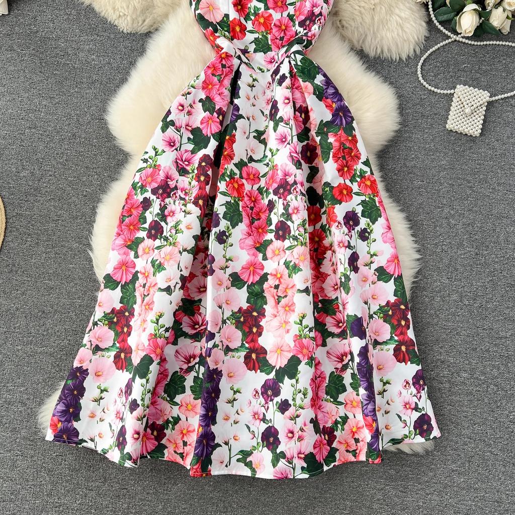 Summer Fashion Flower Vest Midi Dress Women's Sleeveless O-Neck Tank Floral Print Slim A Line Ball GownWomen Dresses