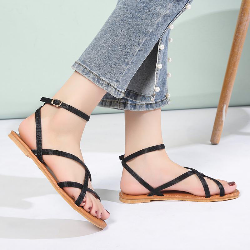 New Shoes Female Ankle Strap Women's Sandals Summer Open Toe Buckle Solid Outdoor Beach Casual Flat Large Size Sandals