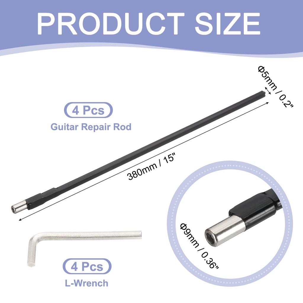 Uxcell Стержень для ремонта гитары, Анкерный стержень для гитары, Двусторонний стержень для гитары, Тонкий, 4 мм, с L-образным ключом, для ремонта инструментов, 380 мм, Черный, Упаковка из 4 штук