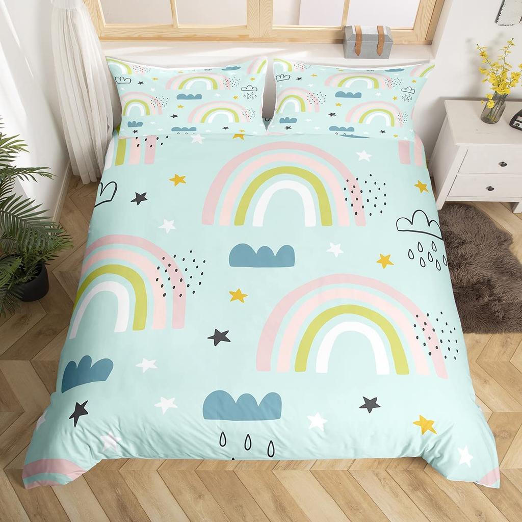 Lovely Rainbow Duvet Cover Sun Crown Cloud Rain Bedding Set Stick Figure Art Comforter Cover Kids Bedroom Polyester Quilt Cover