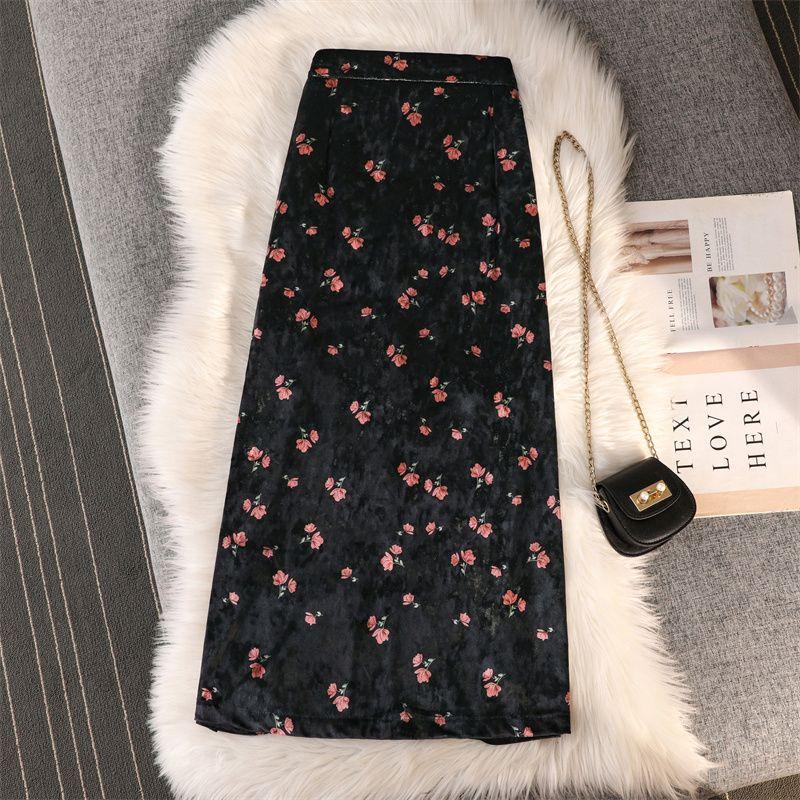 Юбка средней длины. Осенне-зимняя женская юбка. Женская длинная юбка из золотого бархата в стиле ретро с принтом.