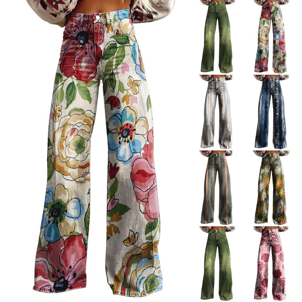 Wide Leg Flare Jeans For Women With Pockets Baggy Pants Vintage Floral Print High Waisted Loose Pant