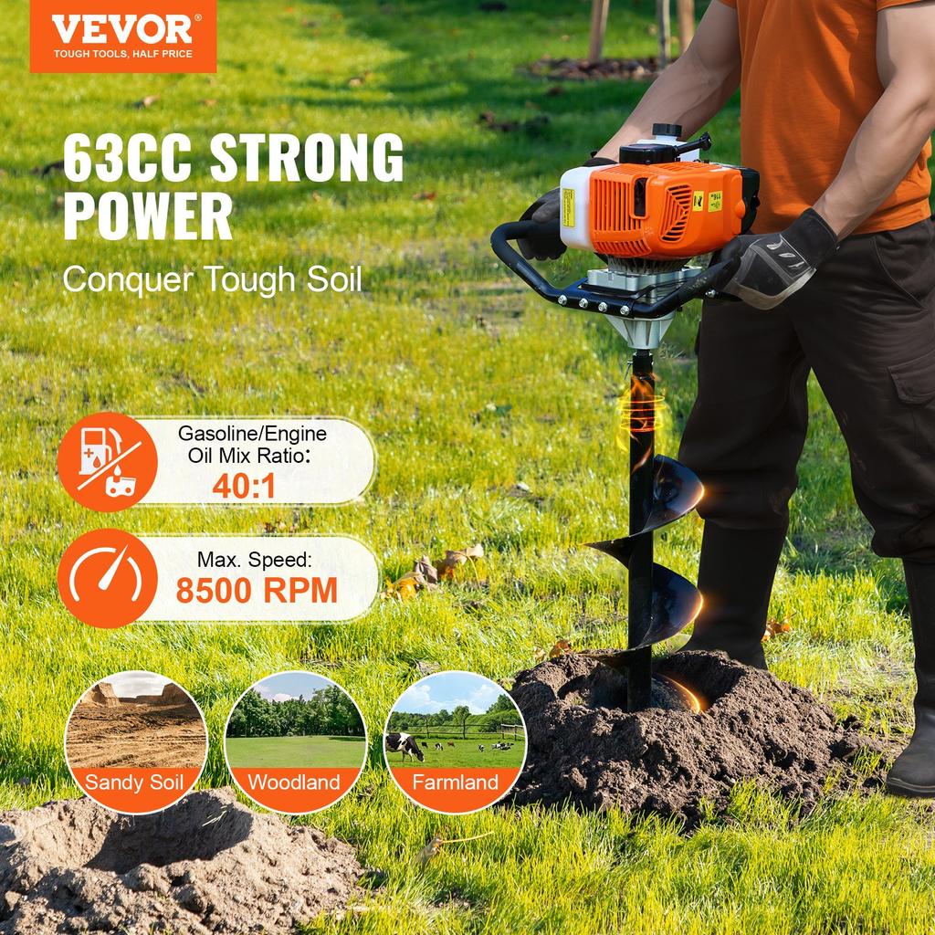 VEVOR Gas Post Hole Digger 63CC 2400W with 20.3 cm Drill Bits & 1 Extension Rod