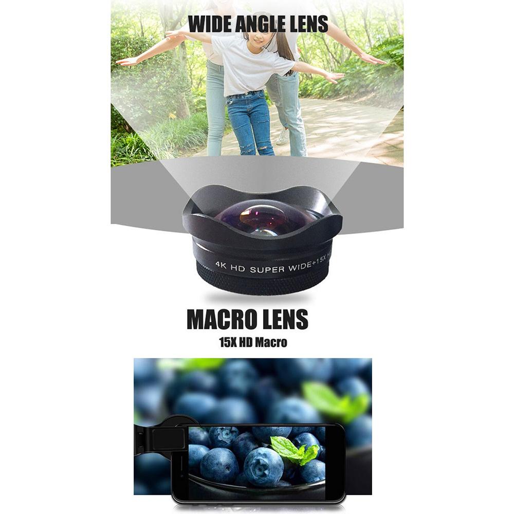 4K-объектив для камеры смартфона 0,45-кратный широкоугольный 15-кратный макрообъектив для телефона с универсальным зажимом, совместимый с