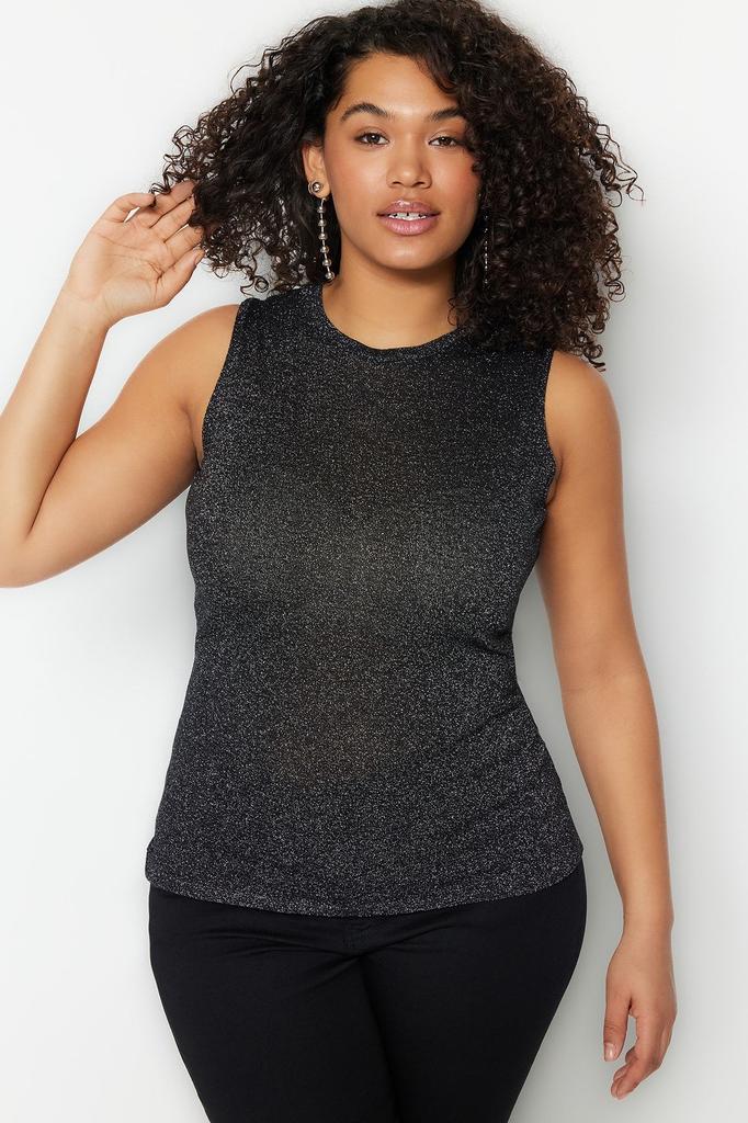 Женская стильная черная обтягивающая блестящая блузка больших размеров из тонкого трикотажа