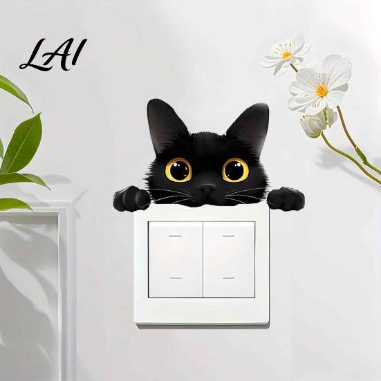 Cat Switch Decals Cute Light Decal Cartoon Black Peeking Sticker Peel Self Adhesive Decor And Stick Wall Sticker for Nursery Living Room Bedroom