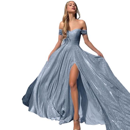 Women Evening Dress Off Shoulder Bandeau Backless Sleeveless Backless Shiny Sequin Split Hem A-line Big Swing Prom Party Maxi Dress Ball Gown