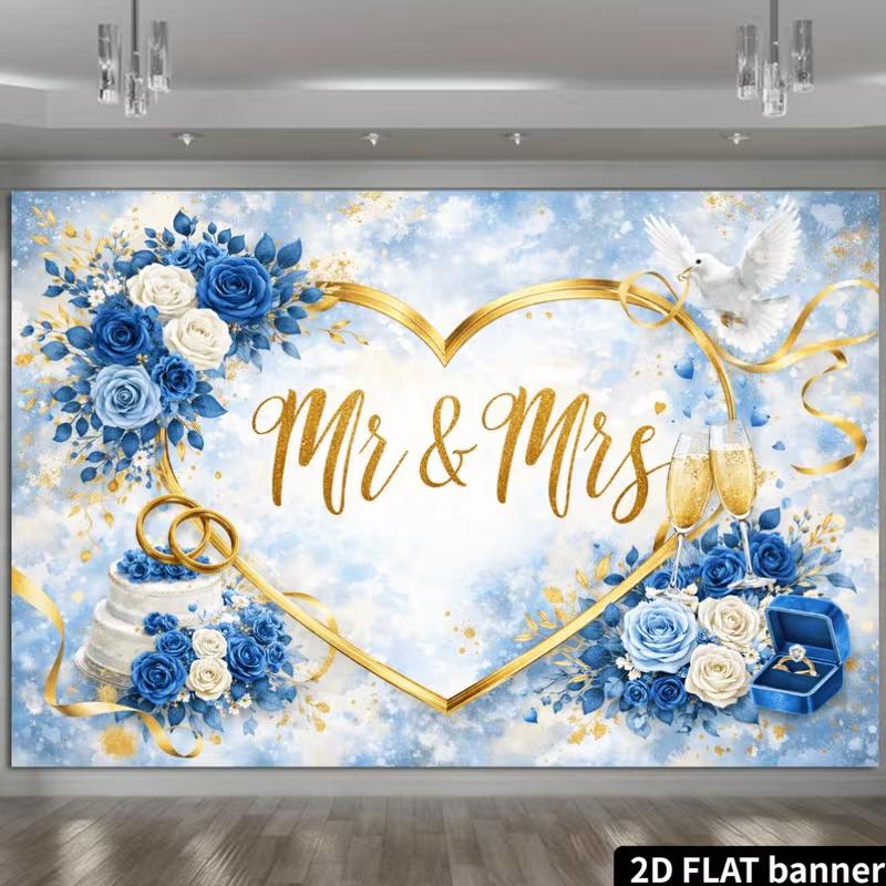 2D Сине-золотой Mr & Mrs Фотофон Свадебное Сердце Баннер для Фотобудки