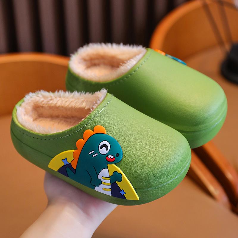 Waterproof Non-Slip Rabbit Dinosaur Cotton Slippers: Thickened Cartoon Fur for Boys & Girls, Autumn/Winter