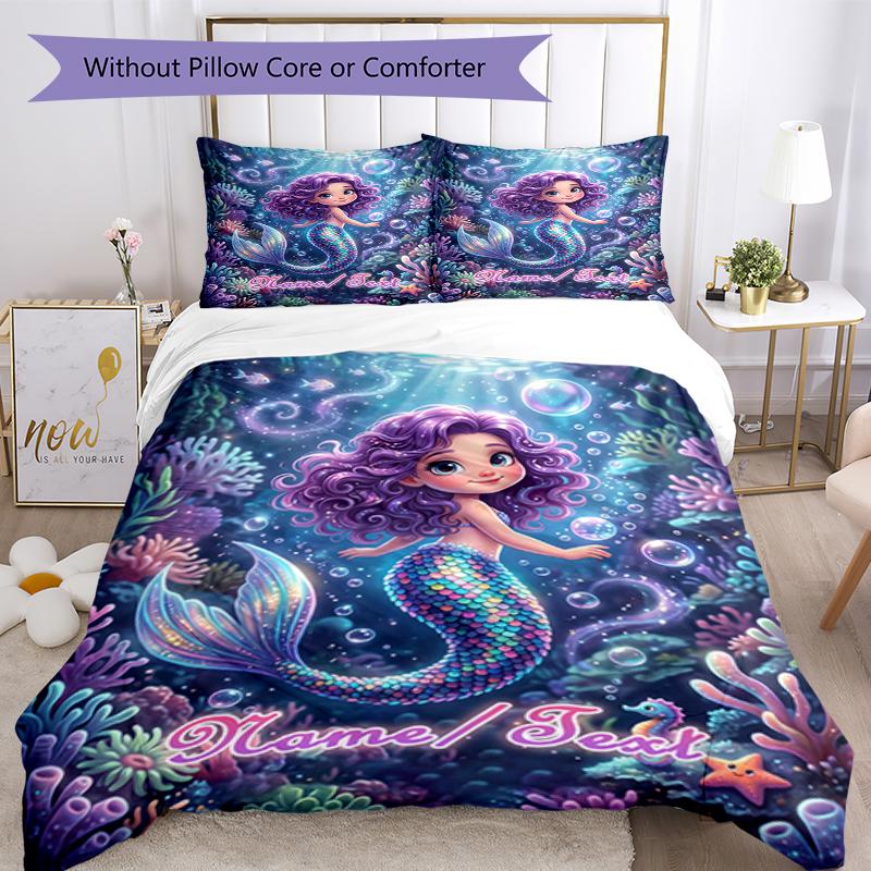 3PC Custom Name Mermaid Dreams Underwater Bedding Set Duvet Cover Closure Includes 1 Duvet Cover & 2 Pillowcases for Bedroom