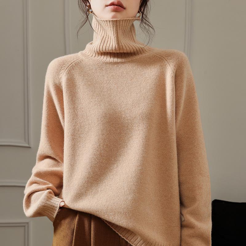 100% Pure Wool Women's High Neck Thick Raglan Sleeve Sweater - Loose Fit Base Layer Knitwear