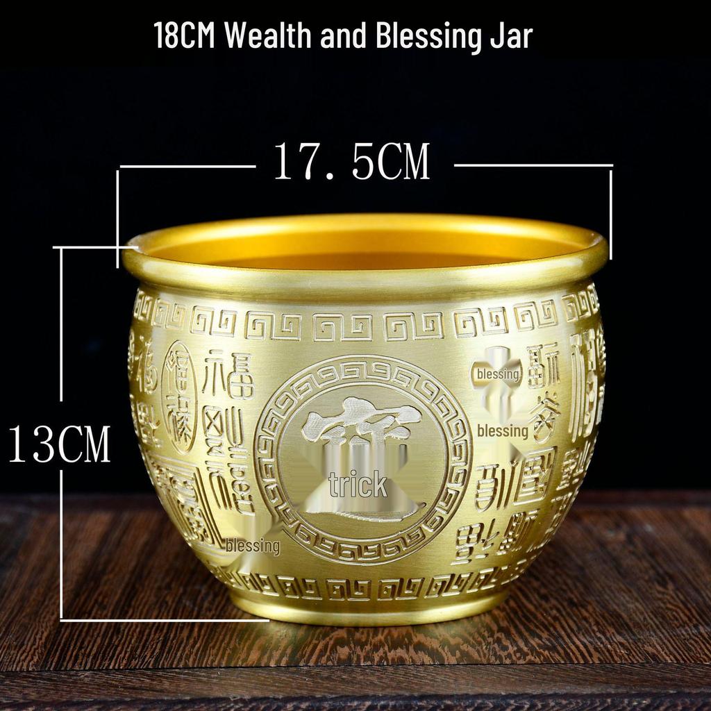 Brass Rice Jar: Home Decoration Treasure Basin with Hundred Blessings Couplet