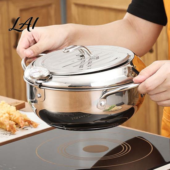 Kitchen Oil Fryer 304 Stainless Steel Deep Pot with Thermometer Drain Rack And Splatter Tempura Frying Lid Temp Control Saving Pot Multipurpose