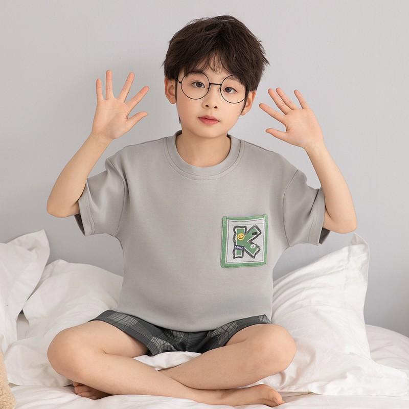 2026 Boys Cotton Pajama Set Short Sleeve Sleepwear Kids Teens Lightweight Home Wear