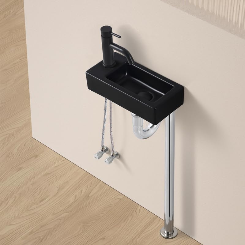 JOMOWN Раковина для мытья рук, черная, настенная, с S-образным сифоном, компактная, маленькая, мини-раковина для мытья рук, настенная, керамическая