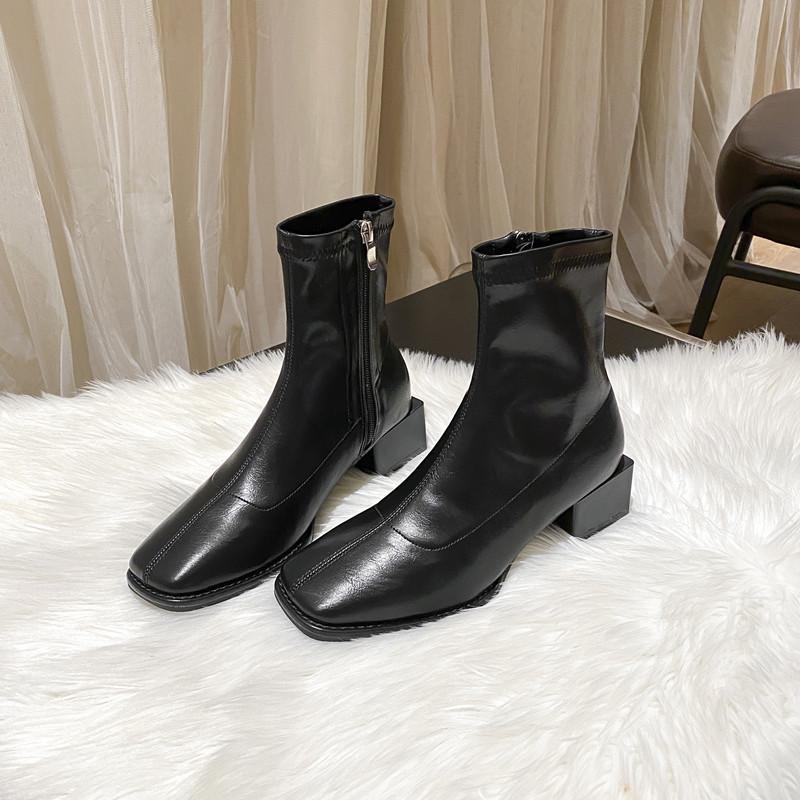 Огромный комфорт! Корейский нишевый дизайн квадратная головка толстый каблук короткие сапоги женские средний каблук британские эластичные сапоги тонкие сапоги голые сапоги женские