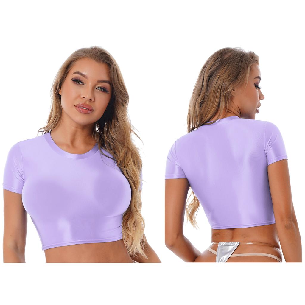 Womens Smooth Short Sleeve Crop Top Solid Color Round Neck Slim Fit T-shirt Sportswear Swimwear