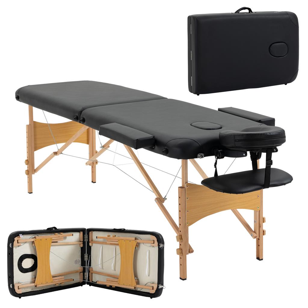 Folding Massage Table, Wooden, 2-Zone, Black