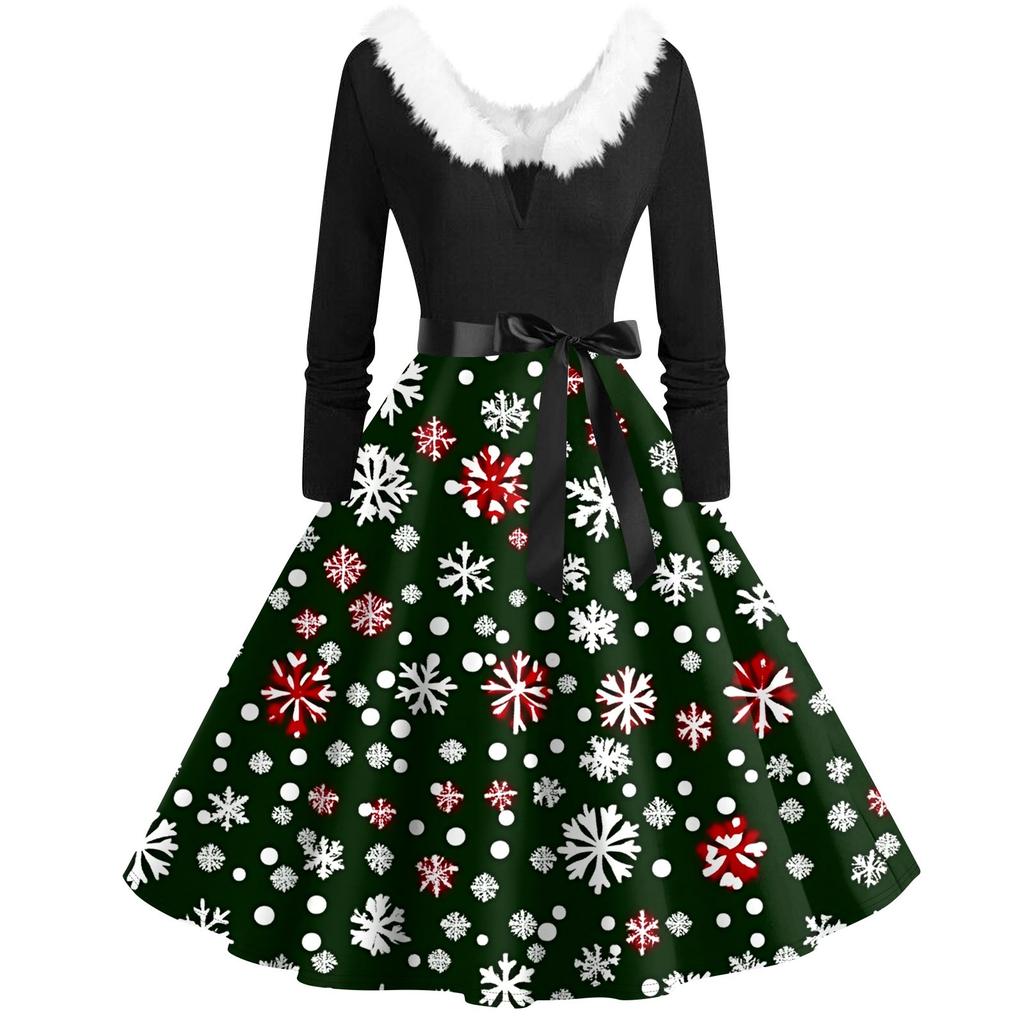 Women's Casual And Fashionable Long Sleeved V-neck Christmas Print Matching Zipper Dress