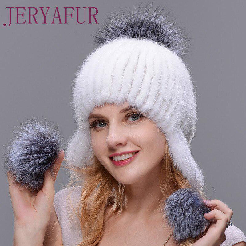 JERYAFUR Зимняя женская шапка из норки, новая шапка для защиты ушей, лыжная шапка ручной работы из норки и лисы, теплая подготовка к меху