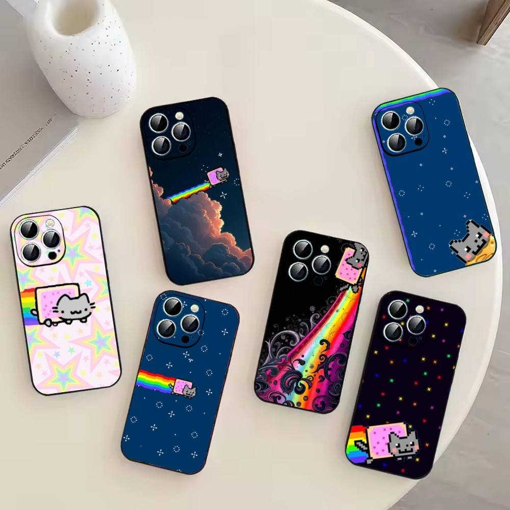 Милый Чехол для Телефона N-Nyan Cat Для iPhone 17,16,15,14,13,12,11 Plus,Pro Max,XS,Мягкий Силиконовый Черный Чехол