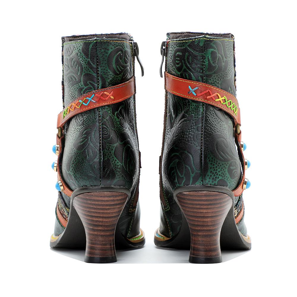 Johnature Сапоги из натуральной кожи. Модные женские туфли на высоком каблуке. Короткие сапоги в стиле ретро с заклепками в стиле пэчворк.