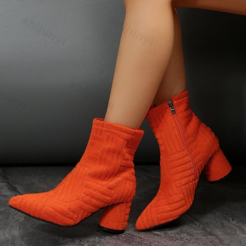 Women Ankle Boots Autumn Retro Pointed Toe Chelsea Boots Suede Knitted Warm Femme Mid-heel Short Boots Botas Mujer 36-43