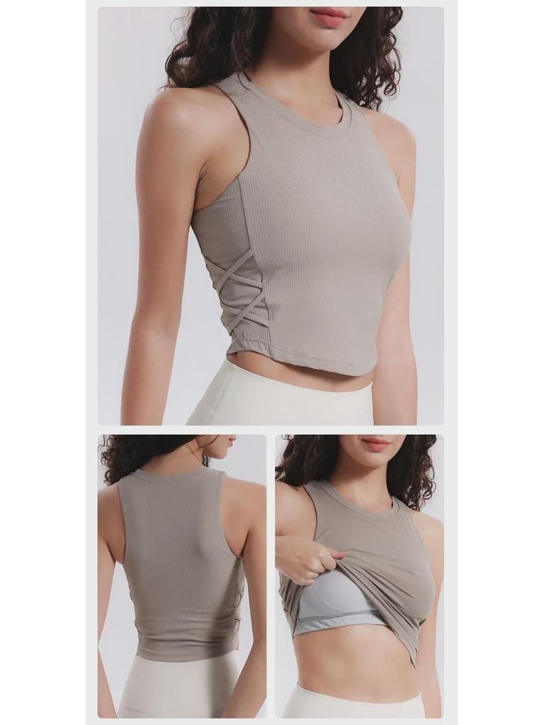Autumn 2024 Lulu Yoga Vest with Side Waist Crisscross, High Elasticity, Moisture-Wicking, and Padded Sports Bra.