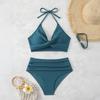 Комплект из 2 предметов: летний комплект бикини, бюстгальтер с лямками на шее и плиссировкой, плавки с высокой талией, однотонный купальник