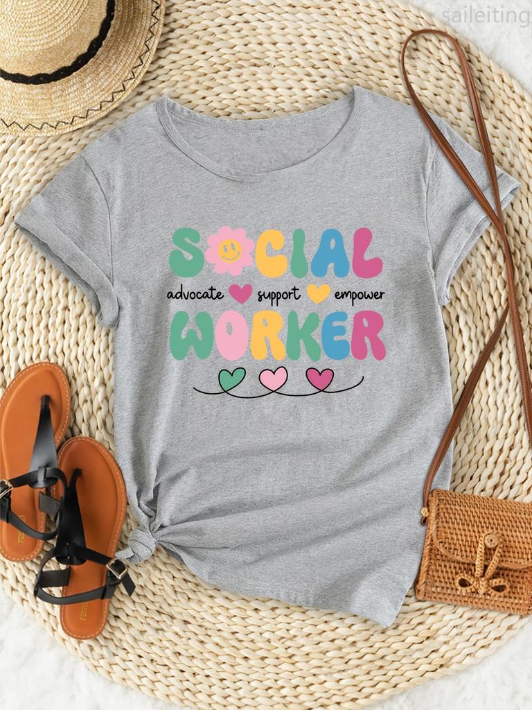 Unisexs Social Worker Print Comfort Fit Short Sleeve Fashion Breathable Casual Summer Short Sleeved Harajuku Streetwear Tops Tee
