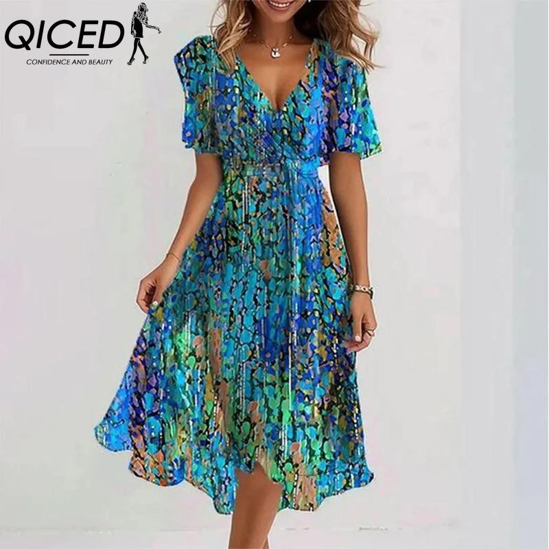 QICED Женская мода лето весна повседневные платья с коротким рукавом и v-образным вырезом