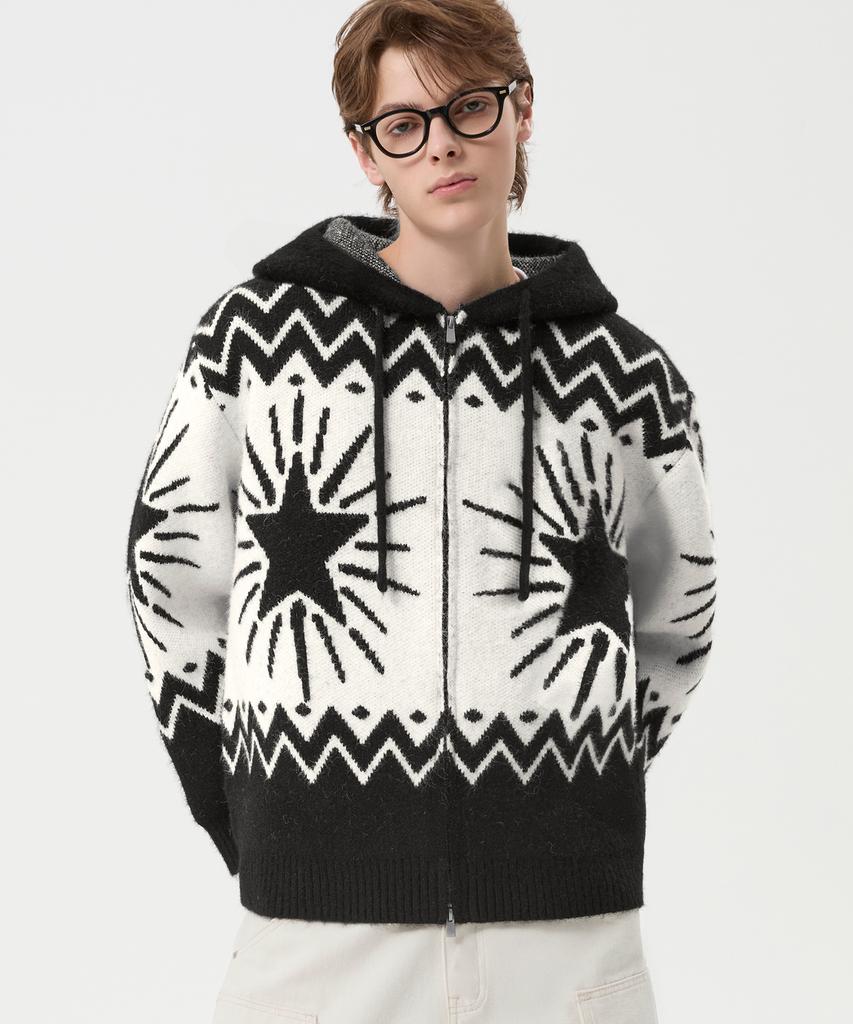 TRILLION Washable Wool Star Nordic Hooded Zip-Up Knit_Black