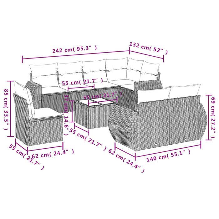 VidaXL Salon de Jardin avec Coussins 9 pcs, Canapés avec Dossier, Ensemble de Meubles, Mobilier de Terrasse Patio, Gris 3221651
