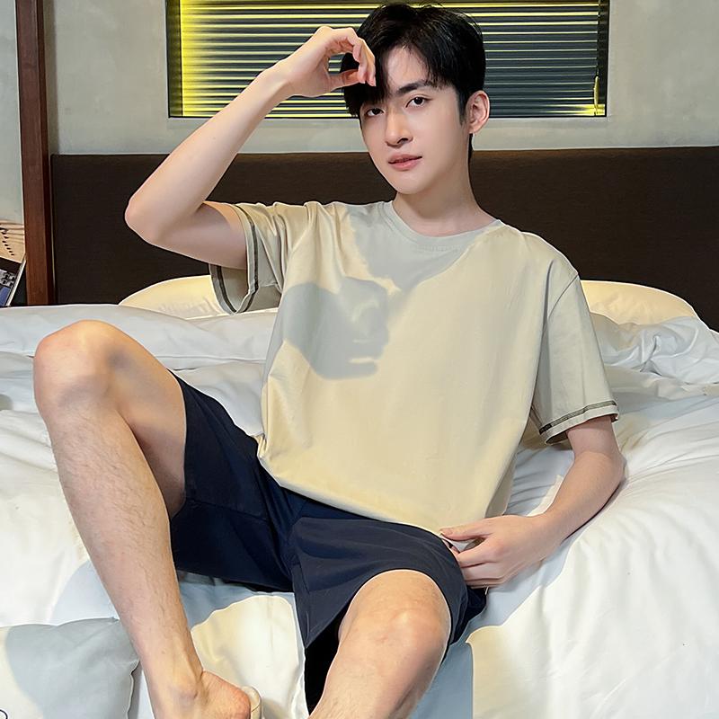 Летняя мужская пижама с коротким рукавом, модальный тонкий толстый повседневный свободный студенческий домашний костюм для молодых мальчиков, пижама Homme