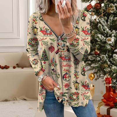 Женские осенние рождественские футболки с длинным рукавом с принтом, свободные, с V-образным вырезом, больших размеров, топы, удобная блузка