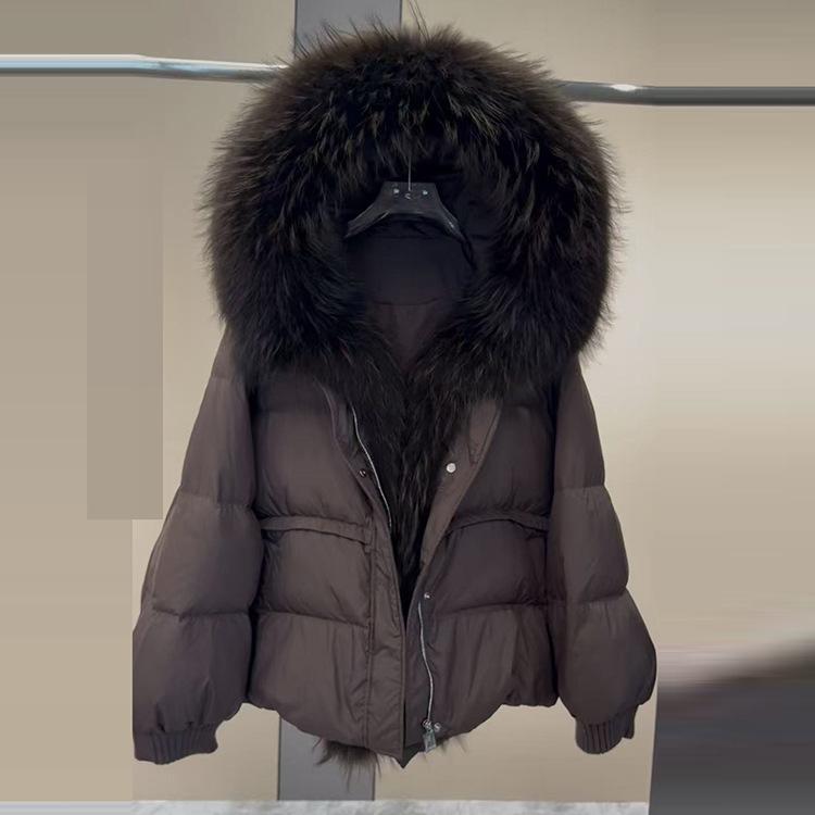 Winter new European fox big fur collar hooded down jacket women's short loose thickened white duck down jacket