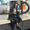 Skeleton Desktop Decor Halloween Reading Book Figurine, Spooky Devil Resin Sculpture, Gothic Winged Sculpture Black Robe Grim Reaper Statue