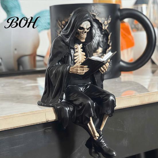 Skeleton Desktop Decor Halloween Reading Book Figurine, Spooky Devil Resin Sculpture, Gothic Winged Sculpture Black Robe Grim Reaper Statue