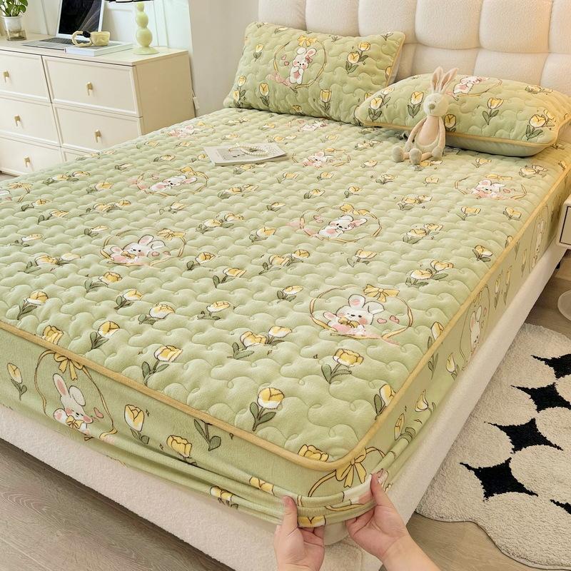 New Soybean Antibacterial Class a Milk Fiber Fitted Sheet Quilted Bedspread Non-Slip Household Dustproof Protective Cover Thickened Mattress