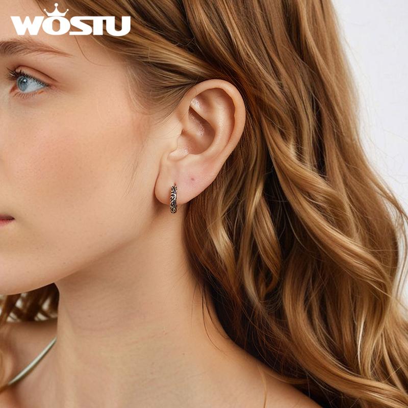 WOSTU 925 Sterling Silver Vintage Pattern Hoop Earrings Women Classicial Round Wedding Party Earring Pendientes Anniversary Gift