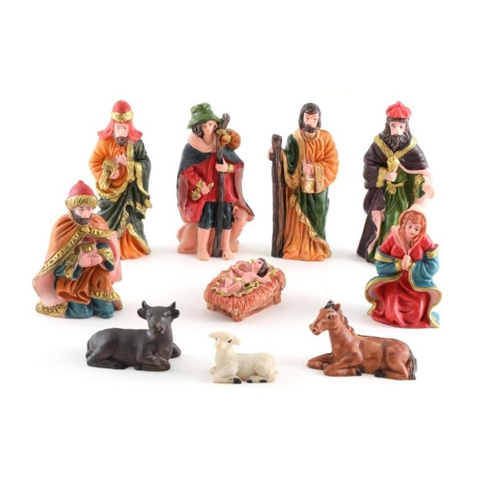 10pcs/Set Vintage Style Nativity Stable Ornaments Resin Material Christmas Manger Scene Tabletop Cool Displays Hand Drawn Design