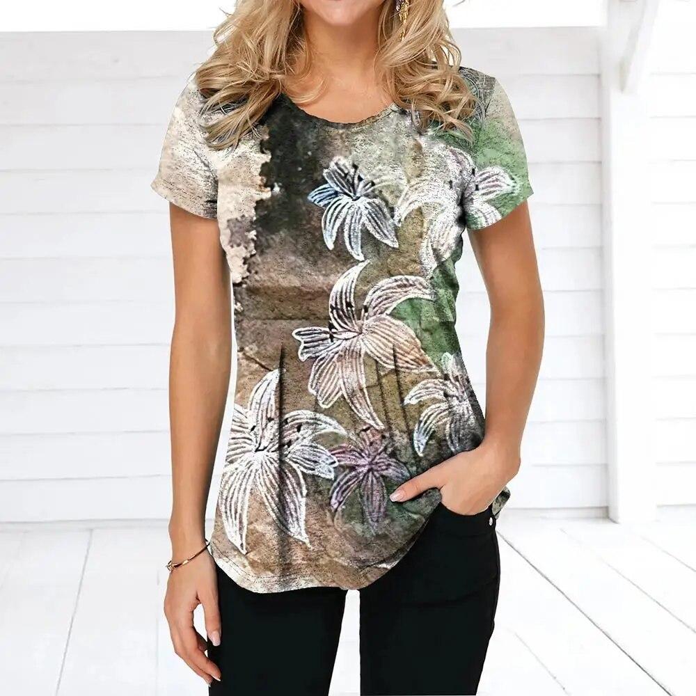 Летняя женская футболка в стиле ретро с цветочным принтом, повседневная повседневная футболка, обычный пуловер для женщин, женская одежда с коротким рукавом и круглым вырезом
