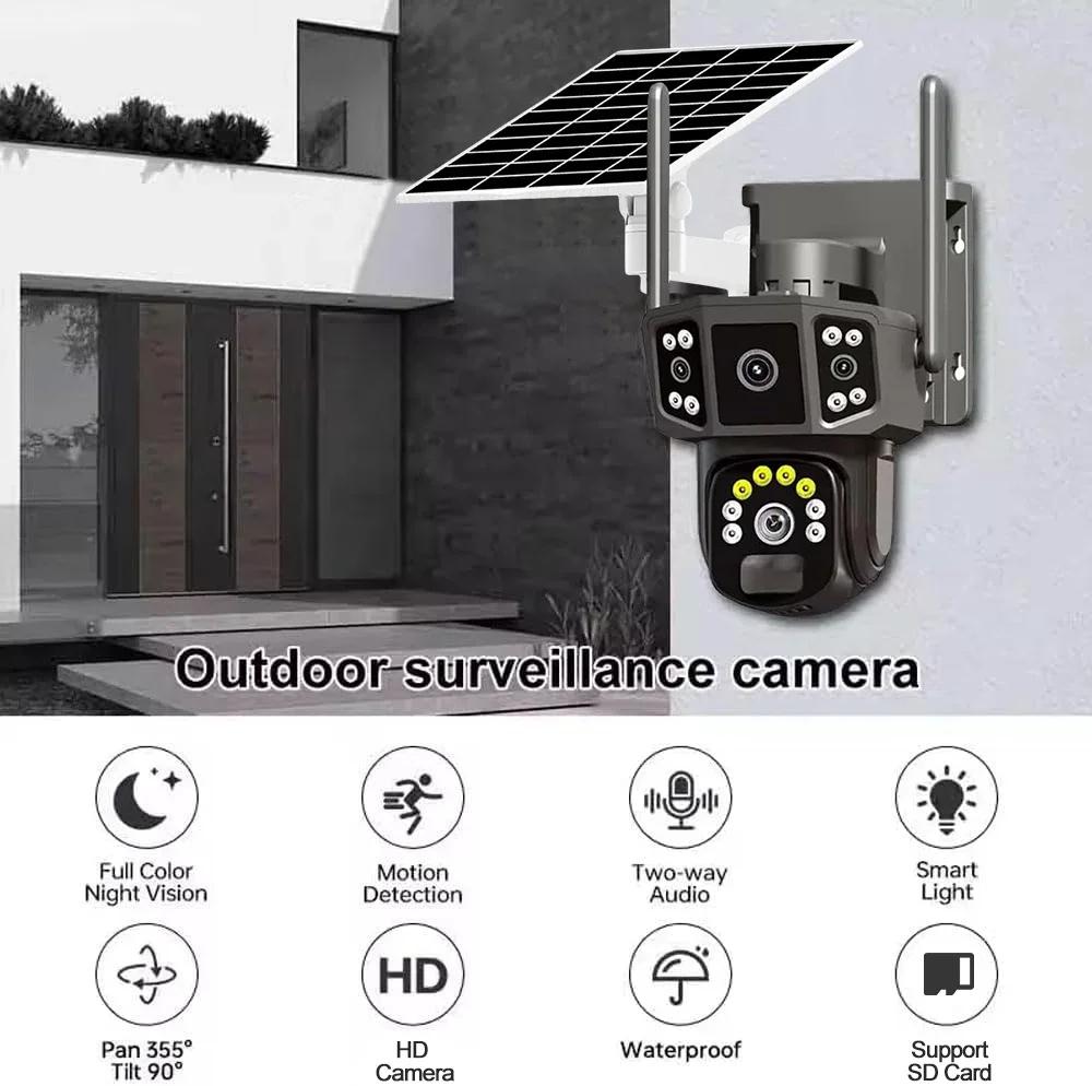 4K 8MP HD Dual Lens 4G SIM Solar Camera PTZ Auto Tracking Three Screens Outdoor Security Surveillance WIFI CCTV IP Cameras V380 APP