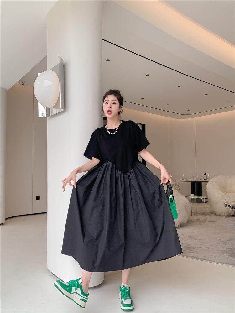 Большие размеры летние плиссированные черные винтажные платья для женщин свободного покроя с коротким рукавом, свободное повседневное длинное платье корейская одежда