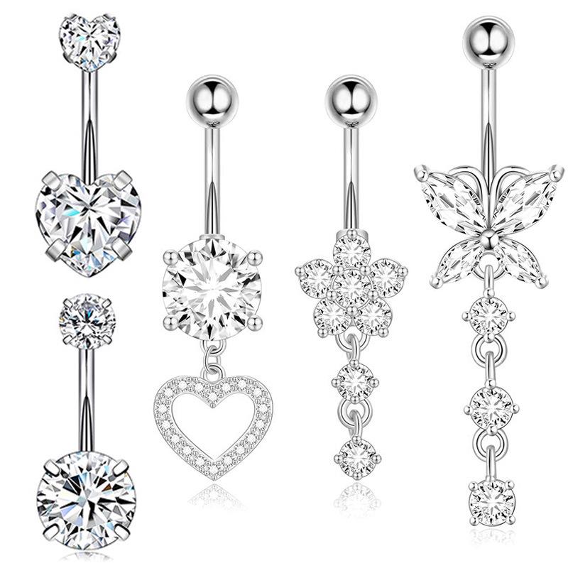 Heart-Shaped 5-Piece Pink Zircon Belly Button Ring Set for Piercings.