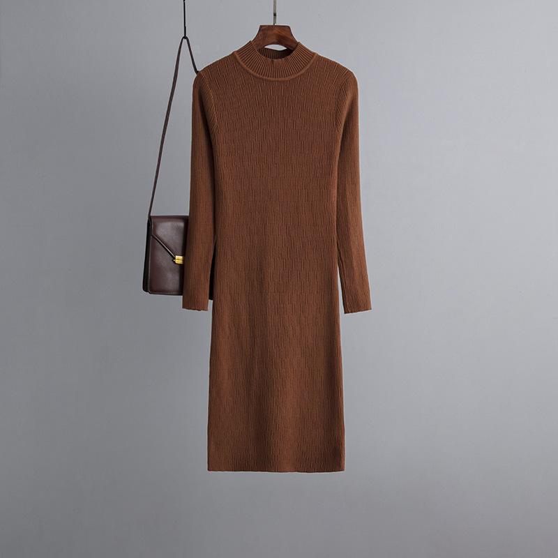 Women New Autumn Winter O Neck Slim Causal Long Sleeve Knit Solid Color All Match Sweater Dress
