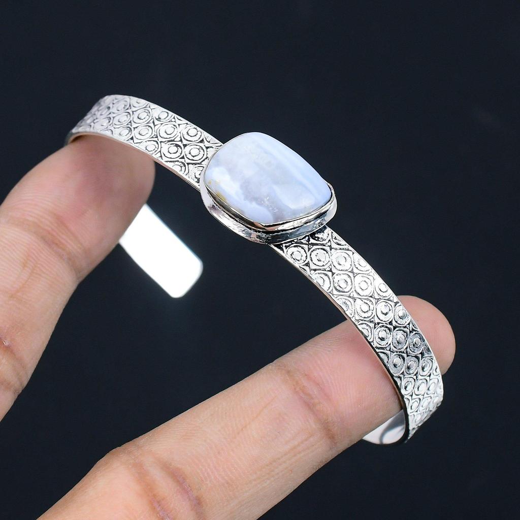 Daughters Day Sale Natural Blue Lace Agate Bangle Bracelet 925 Sterling Silver